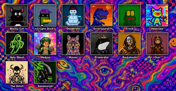 A collection of pixel art NFT characters including Blacky Cat, Crypto Duck, Deadfrost, Errorsaurus, Frock, Heatclaw, Holy Ghost, Medusa, Mosaic, Primordial, Rockatoshi, Sun, The Glitch, and Xenomorph, displayed against a vibrant psychedelic background.