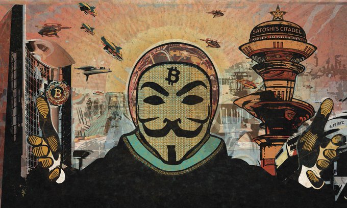 An artwork depicting a Bitcoin-themed V for Vendetta mask character, flanked by buildings labeled 'SATOSHI'S CITADEL' and various Bitcoin logos, set against a retro-futuristic sky with flying saucers.