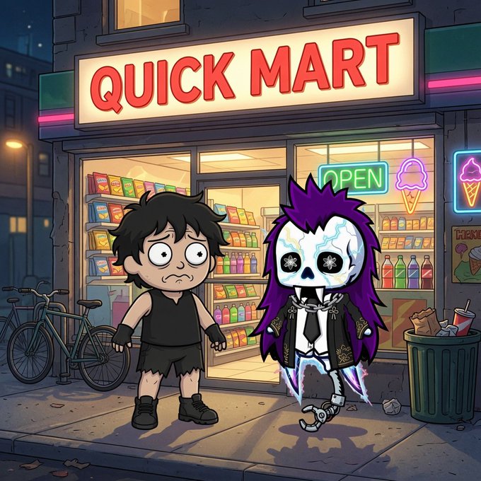 A cartoon illustration shows two characters standing outside a 'QUICK MART' convenience store with a neon 'OPEN' sign, featuring a gloomy human figure and a purple-haired skeleton-like character.