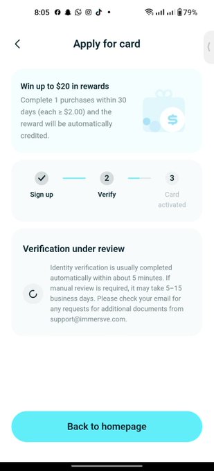 An 'Apply for card' app screen from Immerse showing verification under review with a three-step progress indicator (Sign up ✓, Verify, Card activated) and a 'Back to homepage' button.