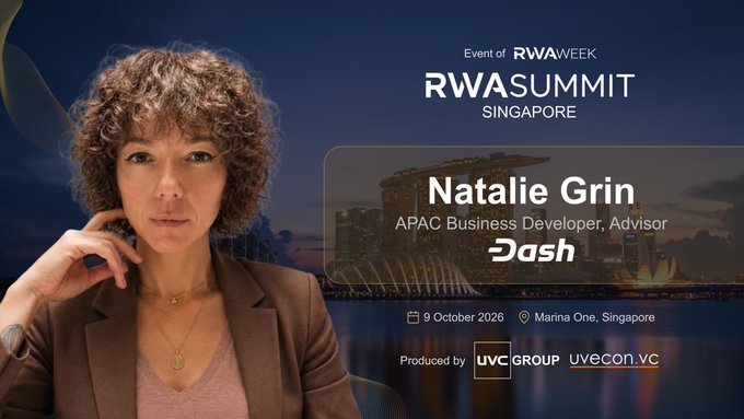 A promotional banner for RWASummit Singapore featuring Natalie Grin, APAC Business Developer/Advisor for Dash, on October 9, 2026 at Marina One, Singapore.