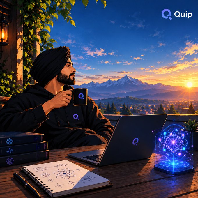 A man wearing a turban and a 'Quip' branded hoodie drinks from a mug while using a laptop labeled 'Quip' on a balcony overlooking mountains at sunset.