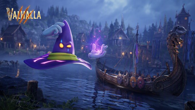 A cute, small purple witch hat character called a "Madhattr" holds glowing purple magic, floating above a Viking longship in a nighttime coastal village, with the "VALHALLA" logo in the top left corner, illustrating the moment after casting a powerful spell to bring Floki back.