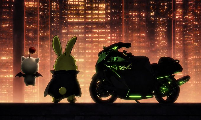 A cinematic animation still showing a silhouetted bunny character and a small bat-like creature standing beside a futuristic green-accented motorcycle labeled 'BULLY' against a backdrop of glowing city lights.