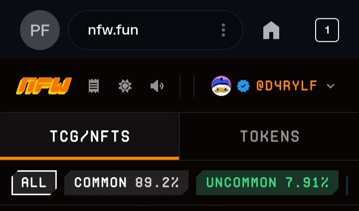 A mobile browser screenshot of the website 'nfw.fun', showing the navigation bar, the NFW logo, user handle '@D4RYLF', and tabs for 'TCG/NFTS' and 'TOKENS' with rarity percentages 'COMMON 89.2%' and 'UNCOMMON 7.91%'.