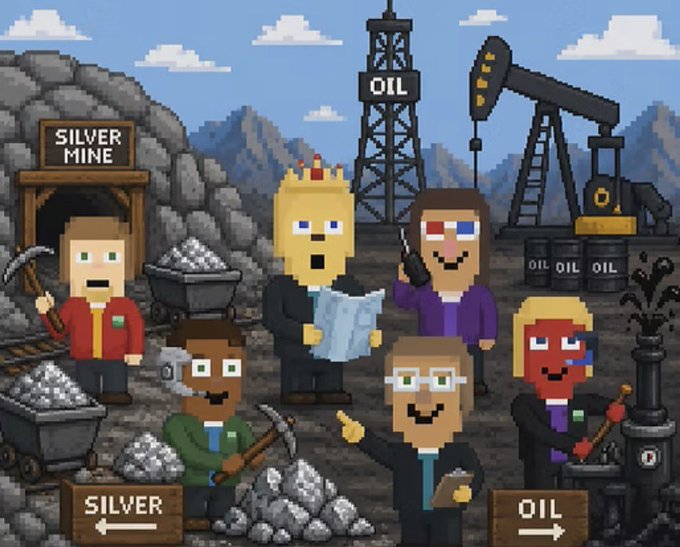 Pixel art cartoon scene depicting crypto-themed characters at a 'SILVER MINE' and 'OIL' extraction site, with miners holding pickaxes, barrels labeled 'OIL OIL OIL,' and a derrick, parodying real-world resource extraction with crypto mining aesthetics.