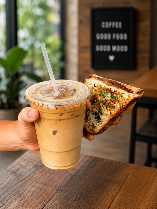 A hand holding an iced coffee in a plastic cup with a straw alongside a slice of pizza, with a sign reading 'COFFEE GOOD FOOD GOOD MOOD' visible in the blurred café background.