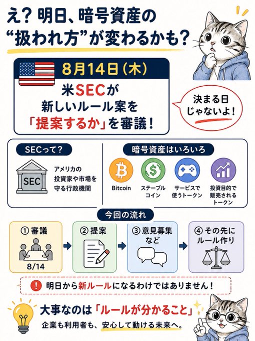 A Japanese-language infographic about cryptocurrency regulation, featuring a cartoon cat mascot and explaining that the U.S. SEC will vote on August 14th on whether to propose new rules for digital assets like Bitcoin and stablecoins.