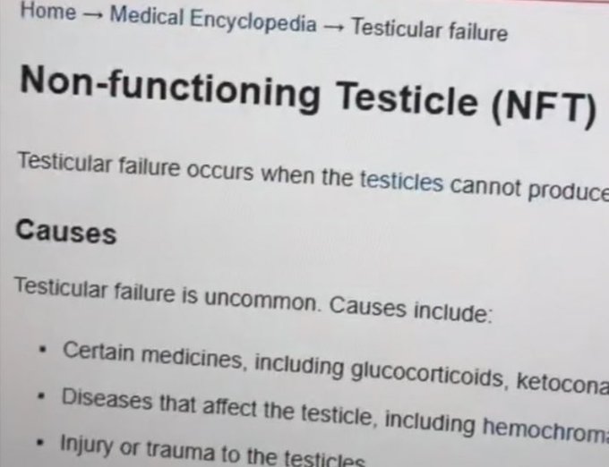 The image shows a definition for "Non-functioning Testicle (NFT)," which plays on the common abbreviation for Non-Fungible Token. The text describes testicular failure, contrasting with the cryptocurrency term.