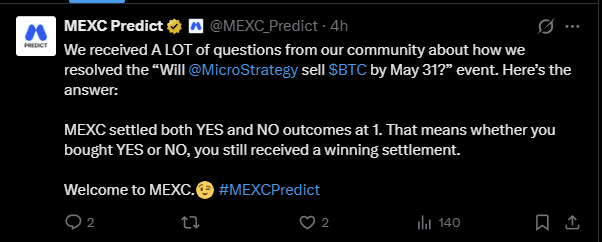 The image shows a screenshot of a social media post from MEXC, which appears to be a message or tweet from someone named @MEXC Predictor. The post contains questions related to a market situation, asking about the outcome of a settlement between two parties. The post also mentions that the market is "very curious" about the resolution and asks if anyone has bought or sold anything in this particular market.