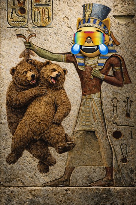 A humorous edit of an ancient Egyptian-style relief painting where the pharaoh figure's face has been replaced with a laughing emoji wearing rainbow shutter shades, holding up two bears.
