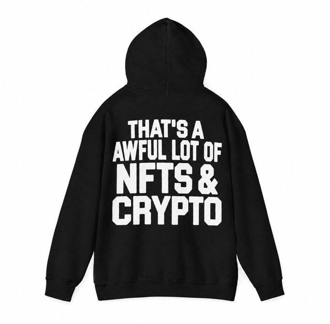 A black hoodie displayed on a white background with bold white text on the front reading 'THAT'S A AWFUL LOT OF NFTS & CRYPTO'.
