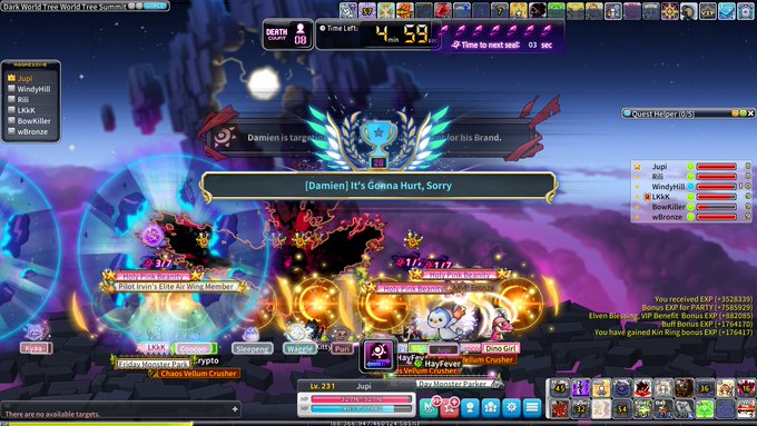 A screenshot of the MMORPG MapleStory showing a boss fight against Damien in the 'Dark World Tree World Tree Summit' zone, with player 'Jupii' and chat text reading '[Damien] It's Gonna Hurt, Sorry.'