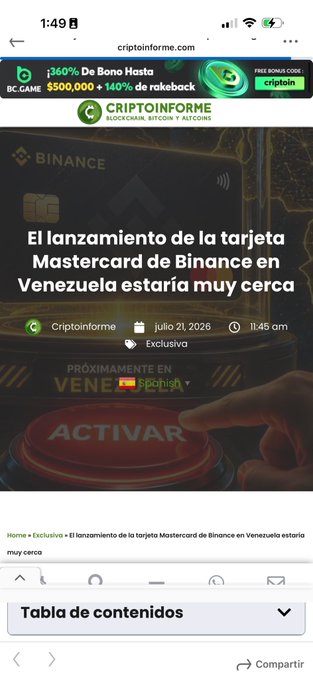 A mobile screenshot from criptoinforme.com dated July 21, 2026, with Spanish text announcing that the launch of the Binance Mastercard card in Venezuela is very close.