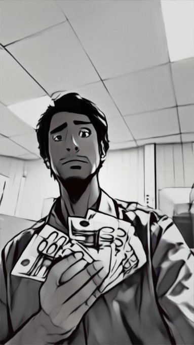 A monochrome comic-style illustration shows a worried-looking man clutching a fan of cash bills, his anxious expression conveying financial uncertainty. The image complements the "Good Morning" post by visually representing the mindset of someone seeking Web3 connections, likely to improve their financial situation through crypto opportunities.
