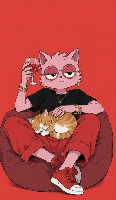 An illustration of an anthropomorphic pink cat with gold jewelry and red pants lounging on a beanbag with a sleeping orange tabby cat, holding a glass of red wine against a red background.