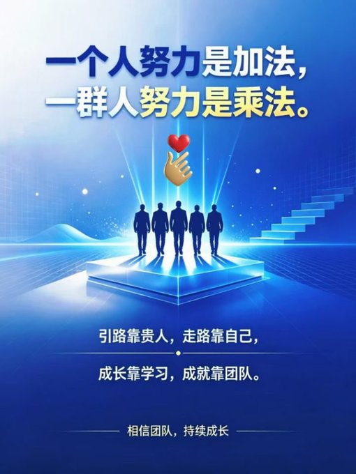 A motivational graphic in Chinese with text translating to 'One person's effort is addition, a group's effort is multiplication,' featuring silhouettes of people and a heart hand emoji.
