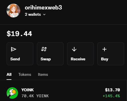 A crypto wallet dashboard for user 'orihimexweb3' showing a $19.44 balance with 70.4K YOINK tokens valued at $13.70 (+145.4%), and Send/Swap/Receive/Buy options.