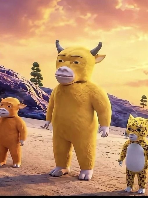 A yellow cow character stands prominently in the center of a desert landscape at sunset, flanked by a smaller orange animal on the left and a cheetah-like figure on the right, humorously illustrating the post's "First comes the cow, then comes the cow again" with the multiple bovine characters present.