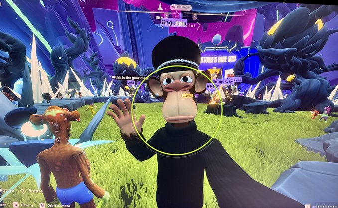 A screenshot of a video game featuring an ape character in a black turtleneck and beret waving, with text overlays including 'ageist idiot' and 'this is the apex zone'.