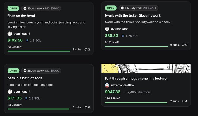 The image shows four posts about pumpfun, an online marketplace that allows users to create bounty hunts or complete tasks posted by others. The posts are arranged vertically with each one having a different color background. The first post has a green background, the second post is white, and the third post is black. The fourth post also has a green background but it's written in yellow text. The posts discuss various aspects of pumpfun, such as creating bounties or completing tasks posted by others on the platform.