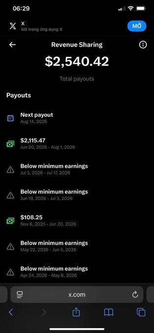 A mobile screenshot of an X (Twitter) 'Revenue Sharing' page showing total payouts of $2,540.42, with the next payout scheduled for Aug 14, 2026, and a history of earnings including $2,115.47 and $108.25 entries.
