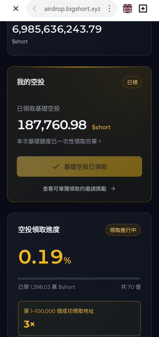 A cryptocurrency airdrop page on airdrop.bigshort.xyz showing a balance of $6,985,636,243.79 in $short, with 187,760.98 base airdrop claimed and 0.19% claim progress.