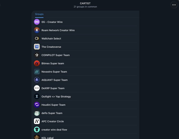 A dark-themed mobile app interface titled "CARTIST" showing "21 groups in common" with crypto-related groups listed including "0G - Creator Wire", "Roam Network Creator Wire", "Wallchain Select", "The Creatoverse", "COINPILOT Super Team", "Bitmex Super team", "Novastro Super Team", "AIQUANT Super Team", "DeXRP Super Team", "Outlight <> Yap Strategy", "Houdini Super Team", "deflo Super Team", "APC Creator Circle", "creator wire deal flow", and "KOL cabal".
