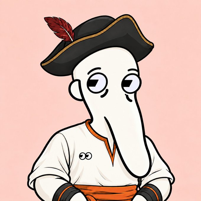 A cartoon illustration of a pale character with an elongated nose wearing a black tricorn hat with a red feather, set against a pink background.