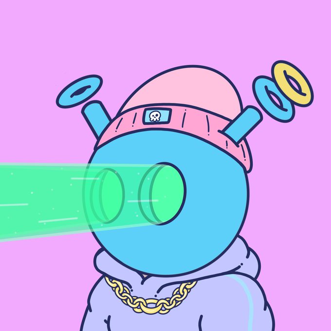 An illustration of a blue robot-like character wearing a pink headband with floating rings, shooting a green laser beam from its eye against a purple background.
