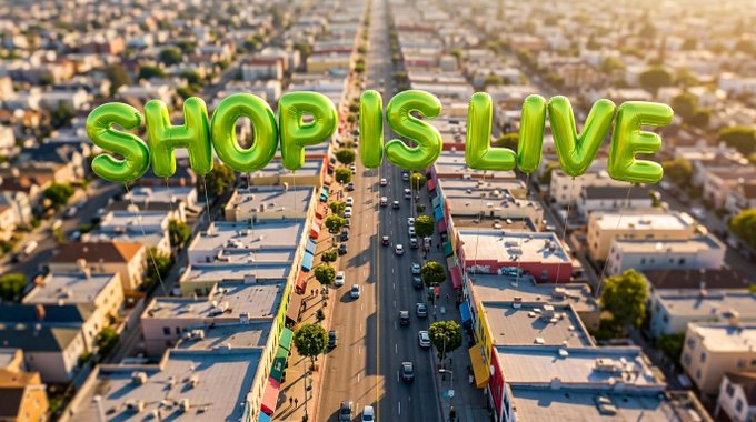 Green balloon letters spelling "SHOP IS LIVE" float above an aerial view of a sunny urban street, matching the post's announcement of an outdoor activity-based shop launch tied to the $GRASS token. The bird's-eye perspective of the bustling neighborhood visually reinforces the post's playful call to "Go outside."