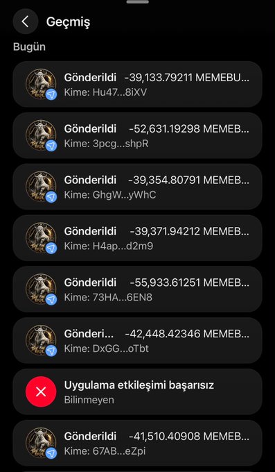 The image shows a transaction history (in Turkish "Geçmiş") listing multiple outgoing transfers of varying amounts of a token (MEMEBU.../MEMEB...), each marked "Gönderildi" (Sent) to different recipients, with one failed transaction noted as "Uygulama etkileşimi başarısız" (Application interaction failed). This screenshot illustrates the execution phase of the MEMEBULL token airdrop mentioned in the post, where the operator distributed tokens to participants' Solana wallets.