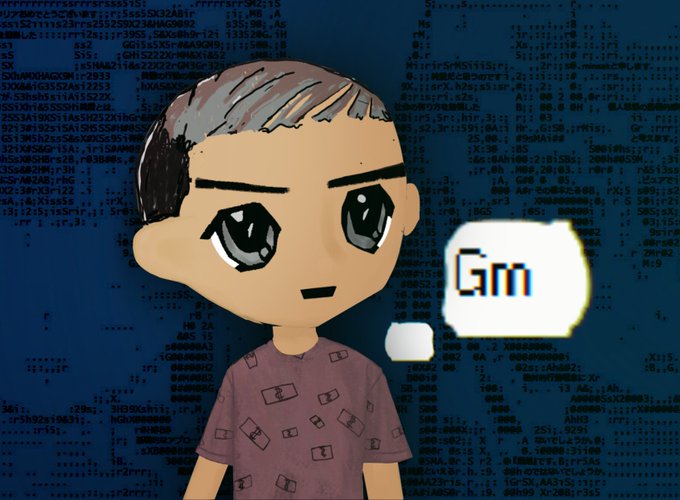 A chibi-style cartoon boy with large eyes standing before a background of scrolling code, with a speech bubble displaying 'Gm'.