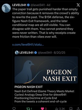 A social media post by LEVEL941 discussing how the 'Pigeon Nash Exit' paper punishes empty conviction by removing a crowd's ability to rewrite the past, making conditional maps all still visible.