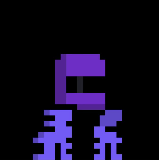 A purple pixel art skeleton figure with a large head and small body, displayed against a black background.