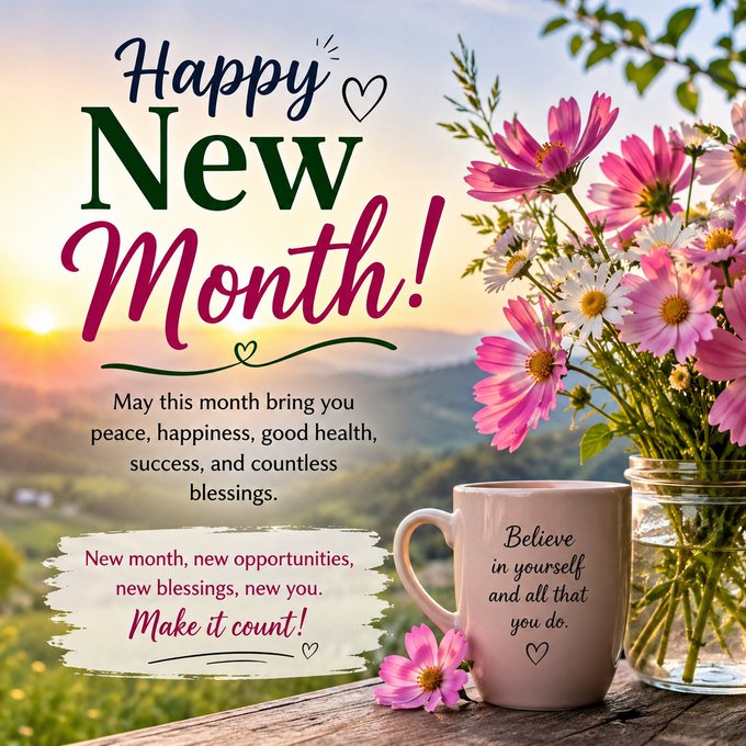 The image features a pink mug filled with flowers sitting on top of a wooden table, surrounded by various other objects such as a vase full of flowers, a cupcake, and a book. The background shows a beautiful sunset over mountains, creating a serene atmosphere for the scene. The post is titled "Happy New Month to my amazing friends and family! Thank you for being part of my journey."