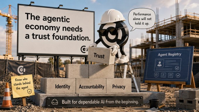 A construction-site metaphor illustration shows a hardhat-wearing agent character placing a "Trust" brick atop a foundation built from "Identity," "Accountability," and "Privacy," beside a billboard reading "The agentic economy needs a trust foundation" and an "Agent Registry" sign with a yellow note stating "Know who stands behind the agent." The image visually reinforces the post's message that as AI agents gain autonomy to move value and make decisions, performance alone won't suffice—trust infrastructure (identity, accountability, privacy) is essential so people know who is behind and responsible for each agent.