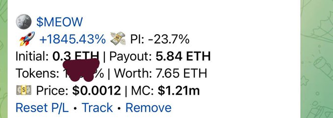 A crypto portfolio tracker displays a position in "$MEOW" with a +1845.43% gain, showing an initial investment of 0.3 ETH, payout of 5.84 ETH, current price of $0.0012, and market cap of $1.21m—illustrating the performance of a cat-themed meme coin like the one referenced as "Kittehcoin."