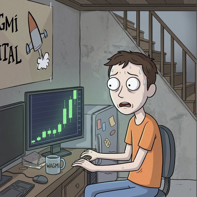 A cartoon illustration of a stressed, sweating man staring at a computer screen displaying a green stock chart, with a 'WAGMI' mug and a poster with a rocket ship visible in the background.