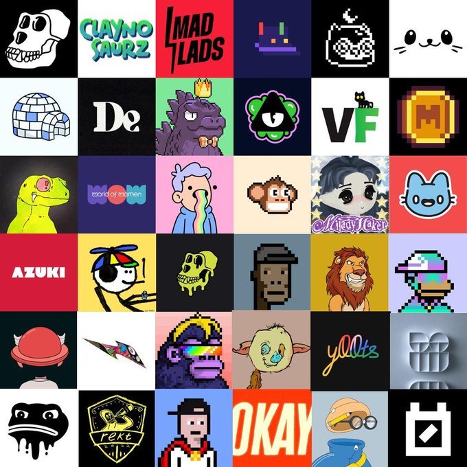 A grid collage of various NFT profile pictures and logos, including brands like Clayno Saurz, Mad Lads, Azuki, and Y00ts.