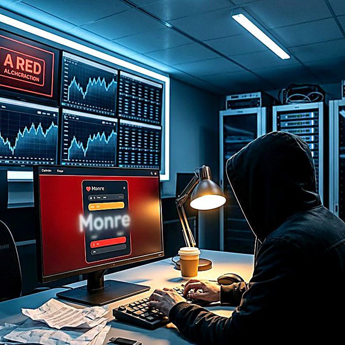 A hooded figure sits at a desk in a dark server room, typing on a keyboard in front of a monitor displaying a login screen for 'Monre,' with stock charts visible on screens in the background and an 'ALCHCRATION' warning sign.