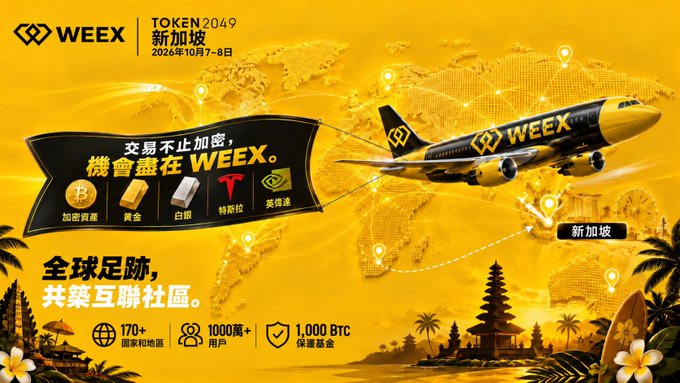 A Weex promotional banner for TOKEN 2049 Singapore (2026年10月7-8日) shows a yellow airplane flying over a world map, advertising crypto, gold, and other trading assets with the slogan '機會盡在 WEEEX'.