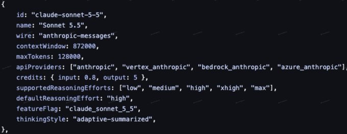 A code snippet displaying configuration for 'claude-sonnet-5-5' model with parameters including 128000 maxTokens, multiple API providers, and adaptive-summarized thinking style.