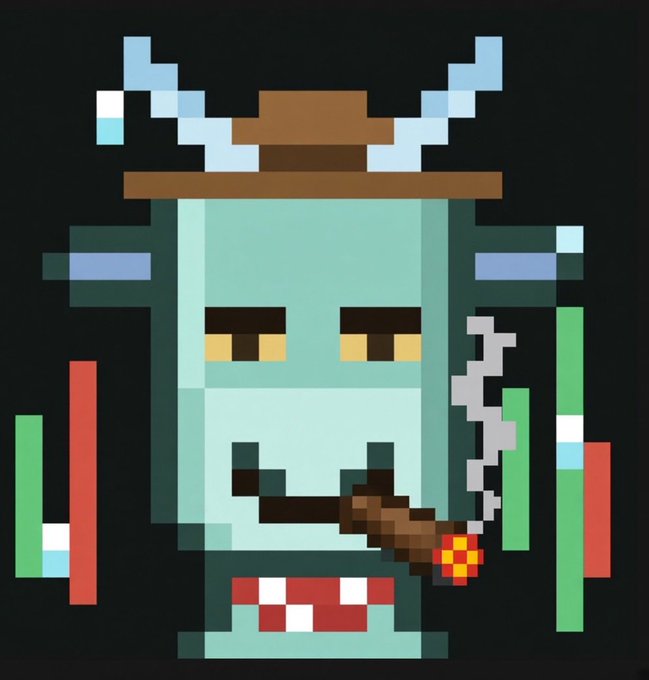 A pixel art image depicting a blue, blocky character with horns, holding a brown smoking pipe, with pixelated drips on either side.