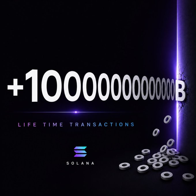 Solana promotional graphic celebrating '+100000000000B' lifetime transactions with purple neon lighting and animated coin imagery.