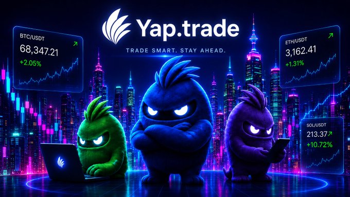 Three cartoonish troll-like creatures in blue, green, and purple stand before a neon cityscape backdrop, with the green one on a laptop displaying the "Yap.trade" logo and tagline "Trade Smart. Stay Ahead." Floating screens show crypto prices: BTC/USDT at 68,347.21 (+2.05%), ETH/USDT at 3,162.41 (+1.31%), and SOL/USDT at 213.37 (+10.72%)—the latter's surge tying directly into the $20 SOL giveaway promotion.