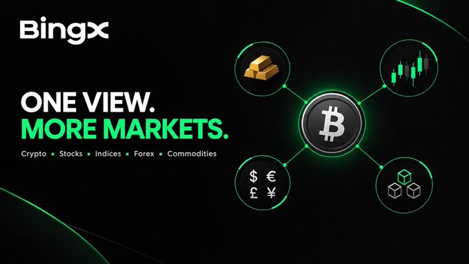 A BingX promotional graphic with the text 'ONE VIEW. MORE MARKETS.' listing Crypto, Stocks, Indices, Forex, and Commodities, featuring a central Bitcoin logo connected to icons representing these markets.