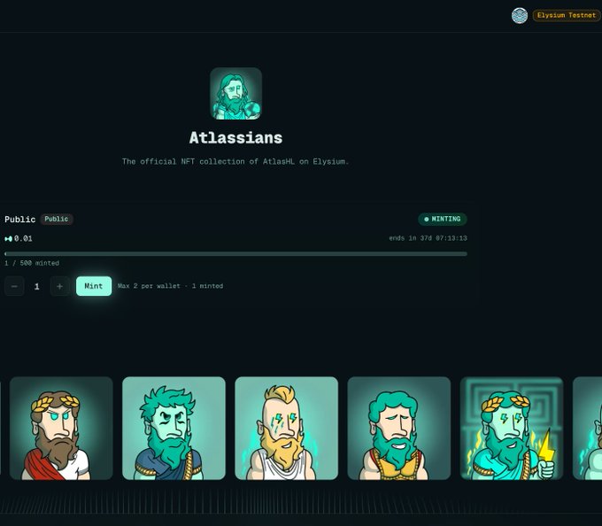 An NFT minting page on Elysium Testnet for "Atlassians," the official NFT collection of AtlasHRL, showing a mint price of 0.01, 1/500 minted, and featuring pixel-art Greek god characters.