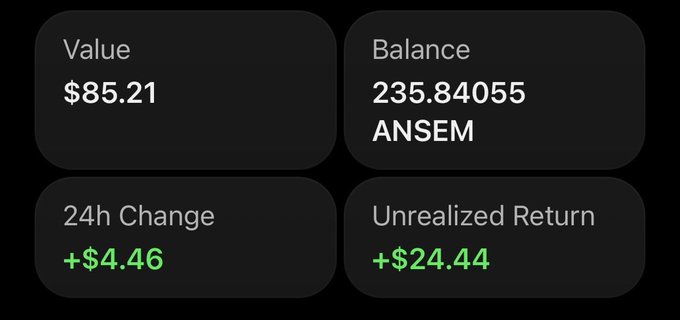 A crypto portfolio dashboard displays ANSEM holdings showing a balance of 235.84055, a value of $85.21, a 24h change of +$4.46, and an unrealized return of +$24.44, supporting the post's celebration of bags pumping and plans to keep stacking $ANSEM.