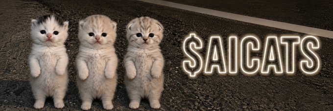 Three white kittens standing on their hind legs on a road with a glowing neon-style text overlay reading '$AICATS'.